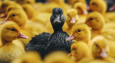 black duck in midst of yellow ducks